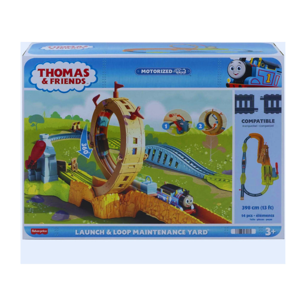 Packaging for the Thomas & Friends Launch & Loop Maintenance Yard train set, featuring illustrations of Thomas the Train and his friends, as well as the train set itself with tracks and train cars. Available at Kaya kids