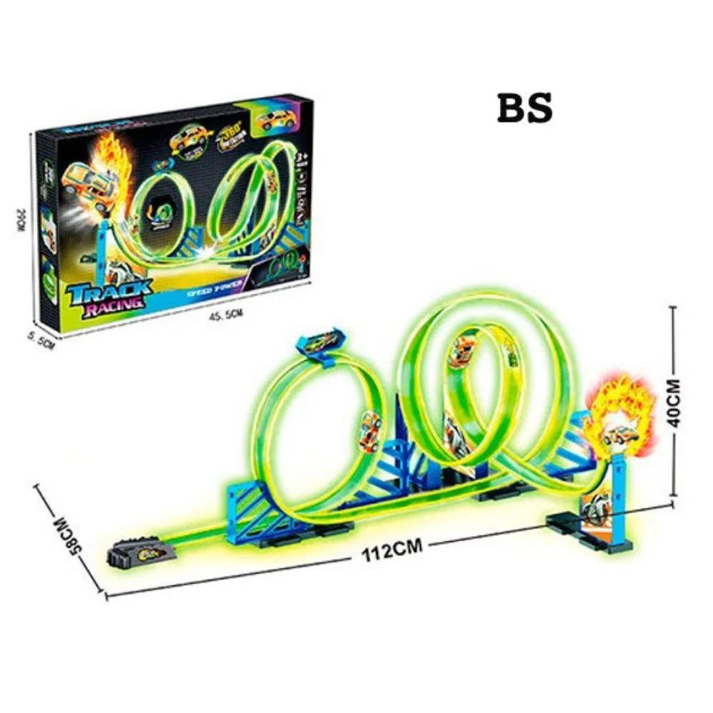 Track Racing Speed Power 360 Glow in the Dark Flexible Rail Track Set with Pull Back Cars