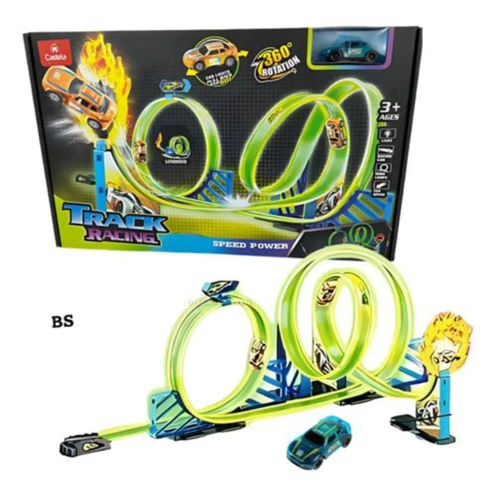 Track Racing Speed Power 360 Glow in the Dark Flexible Rail Track Set with Pull Back Cars