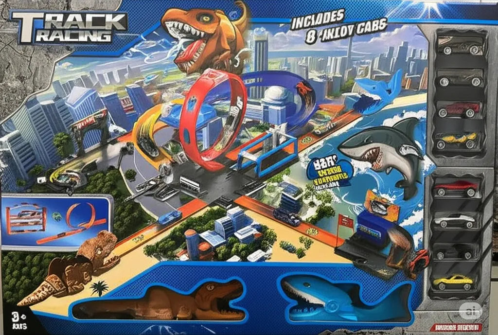 Giant T-Rex Shark Track Set with 8 Hot Wheels Cars