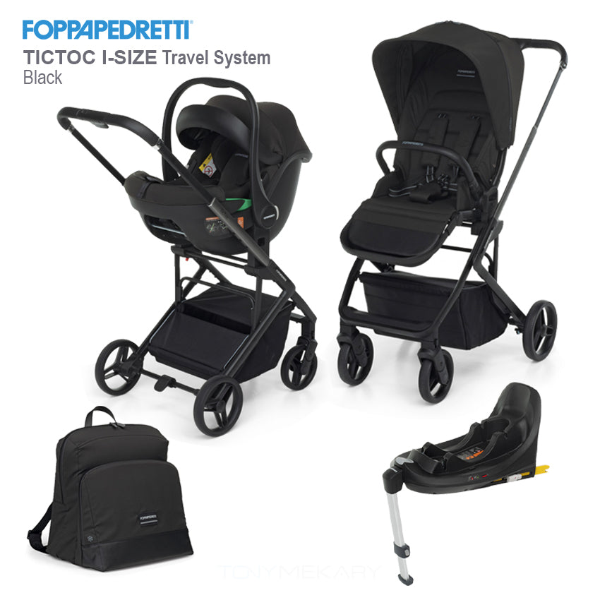 Foppa Tictoc Travel System in Ebony Black, including a stroller, a carrycot, an isofix car seat, and a diaper bag. Available at Kaya Kids.