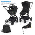 Foppa Tictoc Travel System in Ebony Black, including a stroller, a carrycot, an isofix car seat, and a diaper bag. Available at Kaya Kids.