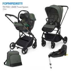 Foppa Tictoc Travel System, an olive green colored stroller system that includes a carrycot, stroller, and car seat, displayed with its components unfolded and folded. Available at Kaya kids Lebanon
