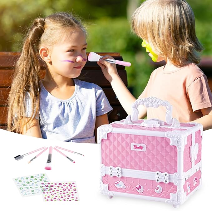 Princess Makeup Box Water Soluble Washable Cute Makeup Tool with Storage Box Non-Toxic Pretend Toddler Cosmetic Kit