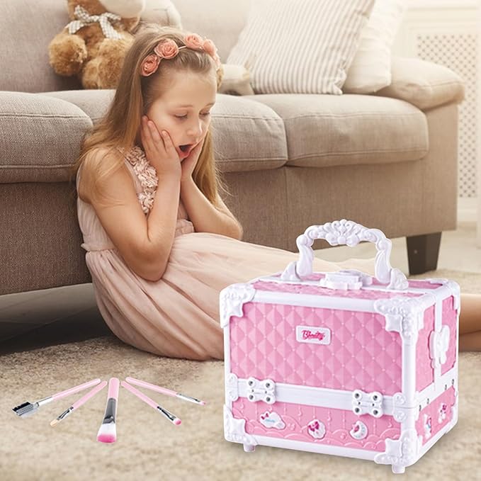 Princess Makeup Box Water Soluble Washable Cute Makeup Tool with Storage Box Non-Toxic Pretend Toddler Cosmetic Kit