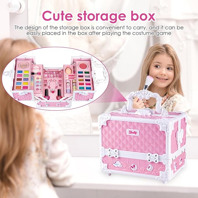 Princess Makeup Box Water Soluble Washable Cute Makeup Tool with Storage Box Non-Toxic Pretend Toddler Cosmetic Kit