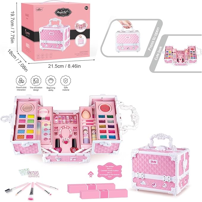 Princess Makeup Box Water Soluble Washable Cute Makeup Tool with Storage Box Non-Toxic Pretend Toddler Cosmetic Kit