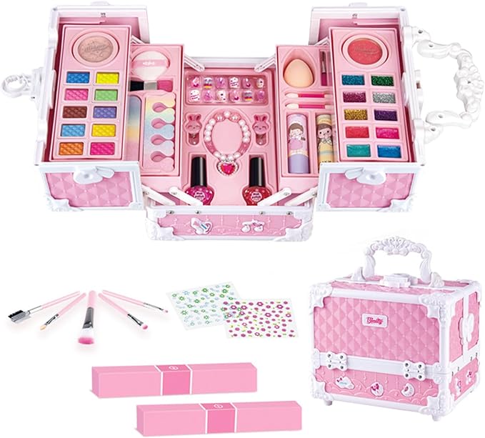 Princess Makeup Box Water Soluble Washable Cute Makeup Tool with Storage Box Non-Toxic Pretend Toddler Cosmetic Kit